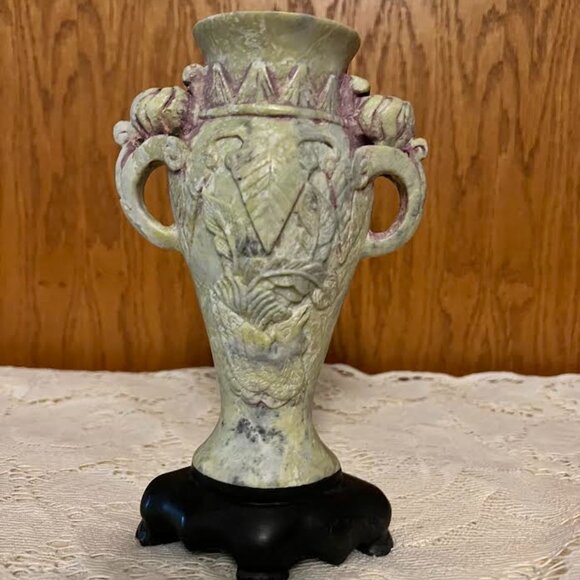 Egyptian Hand-carved Vintage Soapstone Vase on Stand / Rare Find
